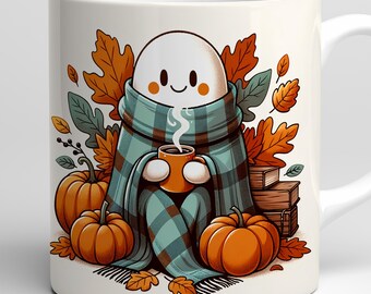 Ghost Coffee Mug Wrap: Cozy Fall Pumpkin PNG (Digital Download)