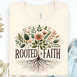 May include: A cream-coloured t-shirt with a floral tree design and the words "ROOTED IN FAITH" in brown. The tree features green leaves, pink flowers, and brown roots. The t-shirt is folded.