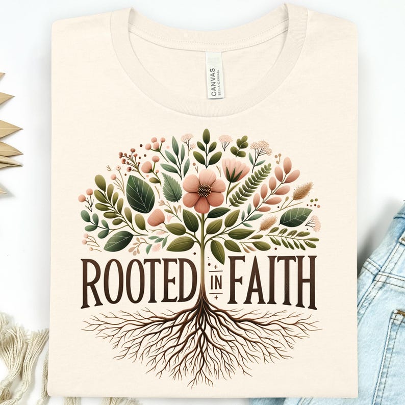 a white t-shirt with a graphic design depicting a tree with roots and flowers, along with the text "ROOTED IN FAITH" printed on it.