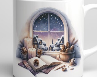 Twilight Hearth Mug Wrap: Cozy Winter Candlelight Scene PNG (Digital Download)
