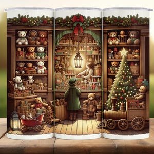 May include: A tumbler with a festive Christmas design. The image depicts a toy shop filled with teddy bears, a Christmas tree, and a toy train. The shop is illuminated by a hanging lantern, creating a warm and inviting atmosphere.