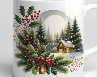 Envoltorio festivo para taza con diseño de cabaña de pinos perennes: Escena navideña de pinos y acebo en formato PNG (descarga digital)