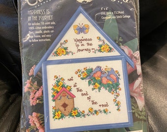 Vintage BUCILLA Counted Cross Stitch, Cottages, Happiness Is in The Journey, Sewing Kit, Frame, Home Decor