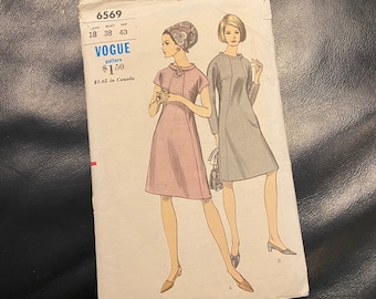 VOGUE 6569 SEWING PATTERN, Size 18 Bust 38 Hip 40, One Piece Dress, Complete, Vintage Pattern