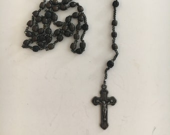 Vintage Rosary Crucifix Necklace Silver Metal Cross Wooden Beads Chain Necklace Catholic Religious Jewelry Collectible Gift Idea