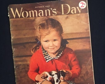 Vintage WOMANS DAY October 1942, Retro 1940s Magazine, Ephemera, Old Ads, Girl with Puppies Cover