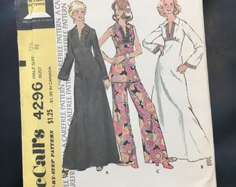 UNCUT McCalls 4296 Sewing Pattern Size 12 half Vintage 1974 Dress or Top Pants Bell Bottoms Vintage Clothing