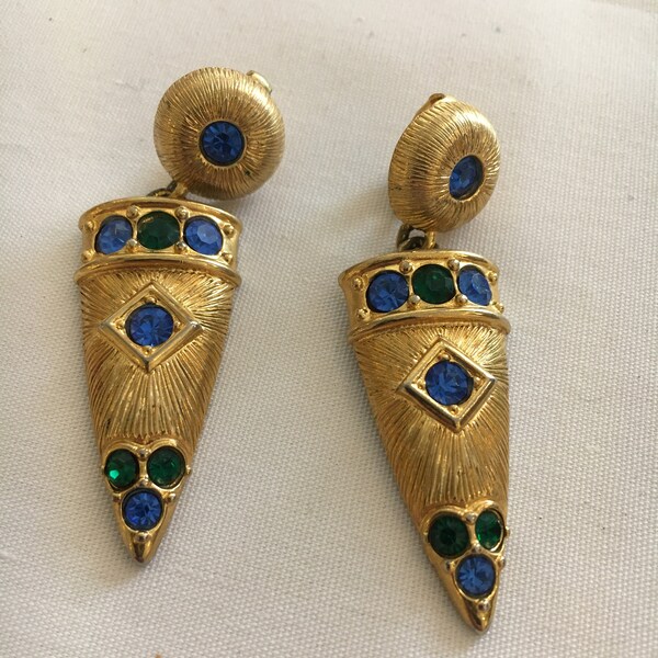 Vintage Clip On Earrings Egyptian Colored Stones Gold Metal Unique Earrings Fashion Jewelry, Collectible Gift Idea