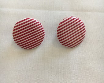 Vintage Clip On Earrings Red White Stripes Clip Ons Round Earrings Vintage Accessory Jewelry Gift Idea