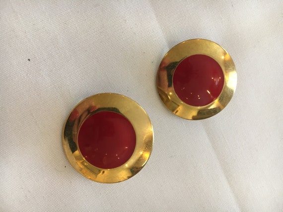 MONET Clip On EARRINGS, Vintage Red Gold Round Cl… - image 2