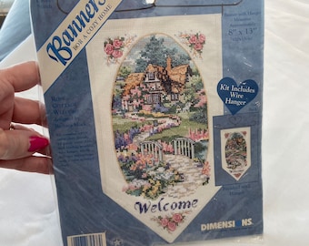 DIMENSIONS, Banners Sewing Kit with Wire Hanger, New Old Stock, Counted Cross Stitch Kit, Rose Cottage, Welcome, Home Decor