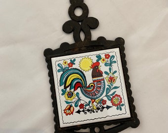 TRIVET, Vintage Trivet, Kitchen Decor, Iron Trivet, ROOSTER, Tile Triangle, M Shunlong, Pot Holder