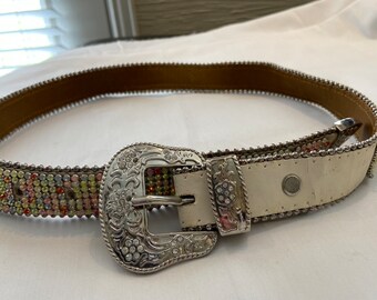 Womens WESTERN BELT with Colorful Plastic Rhinestones Size XL A1163 Genuine Leather Multi Colored Trim Metal Buckle and Tip