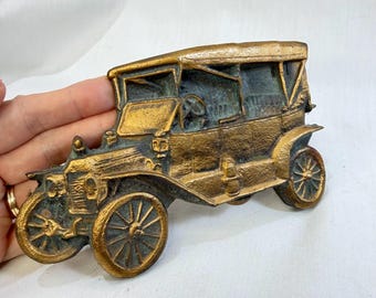 Vintage Paperweight Heavy Iron Old Touring Car Image Faux Bronze Color 2 Pounds