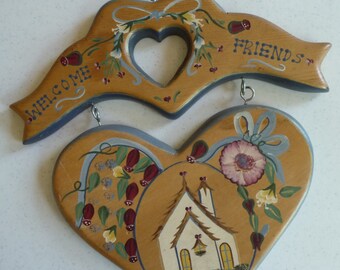 Welcome Friends Vintage Sign Wood Plaque Wooden Sign Country Cottage Handmade Sign Hand Painted Metal Hook Hearts