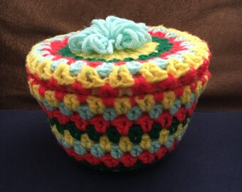 Crocheted Covered Bowl with Lid Vintage Handmade Unique Storage Container Sewing Basket