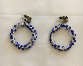 Vintage CLIP ON EARRINGS, Blue White Seed Beads, Clip On Beaded Earrings, Hoop Earrings, Gift Idea