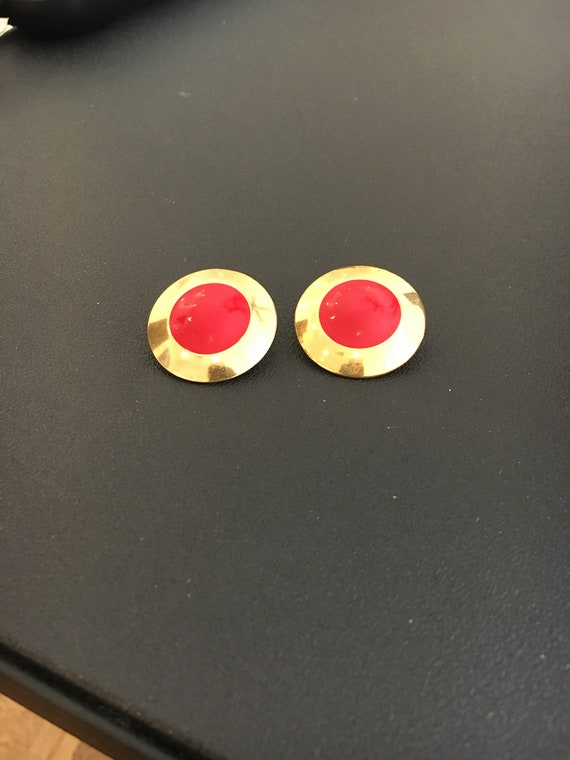 MONET Clip On EARRINGS, Vintage Red Gold Round Cl… - image 1