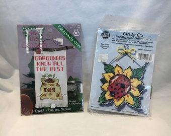 Two Cross Stitch Kits Vintage Sewing Kits Gardening Patterns Ladybug Flower Sewing Supplies New Old Stock Gift Ideas