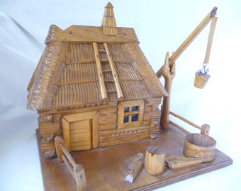 Vintage WOODEN HOUSE, Hand Carved, Removable Roof, Unique, Vintage Primitive Art, Folk Art, Vintage Home Decor