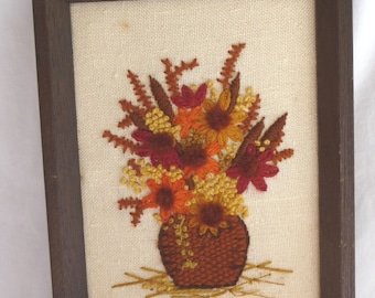 VINTAGE NEEDLEPOINT, Flowers Picture, Framed, Handmade, Orange Brown Red, Wooden Frame, Vintage Home Decor, Textured