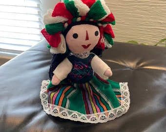 Vintage Mexican Doll, Sitting Doll, Stuffed Doll, Colorful Dress, Headdress, Collectible