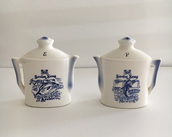 Vintage Seven Seas Salt and Pepper Shaker Set, Newtka, Archie, Collectible, Gift Idea, White Blue, Souvenir