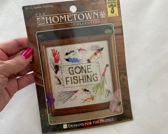 GONE FISHING Cross Stitch Kit, The Hometown Collection, Number 5111, NOS, Designs For the Needle, Sewing Kit, Vintage 1997
