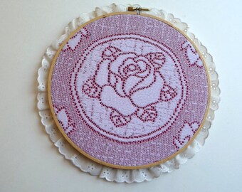 Vintage Rose Wall Hanging Handmade Wooden Embroidery Hoop Home Decor Eyelet Lace Trim Shabby and Chic Love