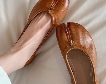 Vintage Brown Flats,Split Toe Ballerina Shoes,Women Tabi Ballet Shoes Sandal Split Toe,Women's Shoes,Flat Shoes,Casual Shoes,Gift For Her