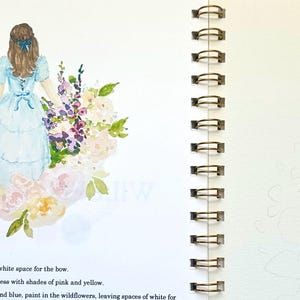 May include: A watercolor painting of a girl in a light blue dress standing in front of a bouquet of pink, white, and purple wildflowers. The girl's hair is brown and she is facing away from the viewer. The painting is on a white page with instructions for painting the image.