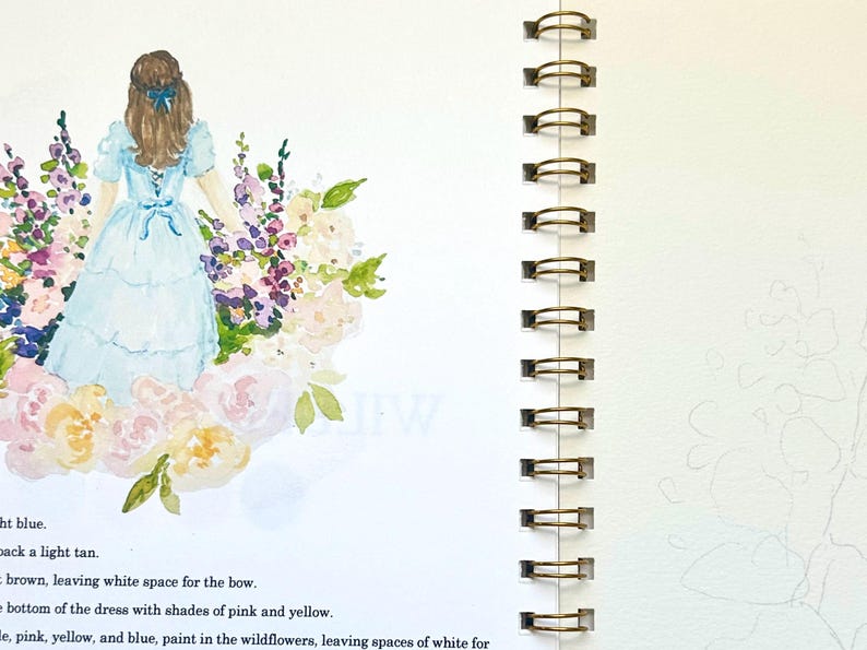 May include: A watercolor painting of a girl in a light blue dress standing in front of a bouquet of pink, white, and purple wildflowers. The girl's hair is brown and she is facing away from the viewer. The painting is on a white page with instructions for painting the image.