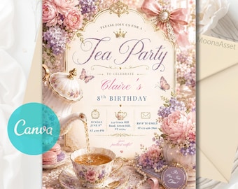 Whimsical Tea Party Birthday Invitation, Tea Party Birthday Invitation, Par-tea Invitation, Girl Par-tea Invite, Editable Canva Template