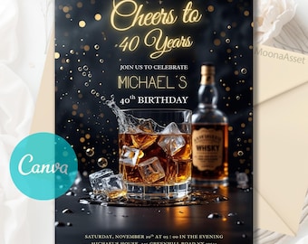 Whiskey Birthday Invitation, 30th 40th 50th Any Age, Surprise Party Adult, Cognac Scotch Liquor, Adult Men Birthday Invite, Editable Canva