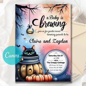 A Baby Is Brewing Halloween Gender Reveal Invitation, He or She, Spooky Gender Reveal Party, Gender Reveal Invite, Editable Canva Template