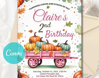 Little Pumpkin Truck Birthday Invitation, Fall Birthday Invitation Pink Pumpkin Truck Invite, Pumpkin Patch Invite, Editable Canva Template