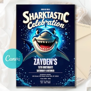 Shark Invitation, Shark Birthday Invitation, Shark Invites, Shark Invitation, Kids Birthday Party Invites, Editable Canva Template