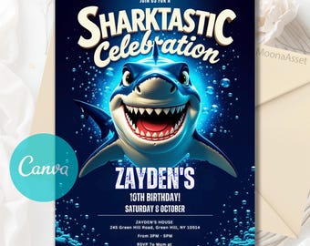 Invitación de tiburón, invitación de cumpleaños de tiburón, invitaciones de tiburón, invitación de tiburón, invitaciones para fiesta de cumpleaños infantil, plantilla editable de Canva