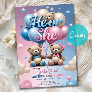 Invitation Template, Instant Download, EDITABLE TEMPLATE, teddy bear shower,couples shower,teddy bear invite, boy or girl invite, he or she evite,blue and pink invite, guess the gender, what will it be,,watercolor template, gender announcement