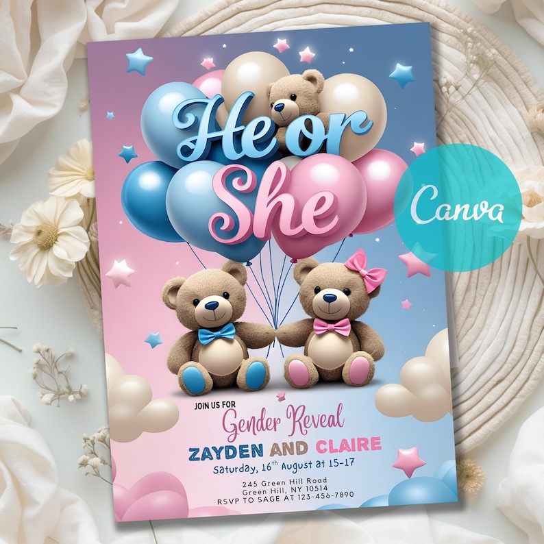 Invitation Template, Instant Download, EDITABLE TEMPLATE, teddy bear shower,couples shower,teddy bear invite, boy or girl invite, he or she evite,blue and pink invite, guess the gender, what will it be,,watercolor template, gender announcement