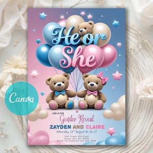 EDITABLE Teddy Bears Gender Reveal Invitation, Pink And Light Blue He or She, Teddy Bear Idea Gender Reveal Invite, Editable Canva Template