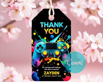 Gamer Video Game Birthday Thank You Tag, Level Up Birthday Favor Tags, Game Boy Girl Birthday Party, Arcade Party, Editable Canva Template