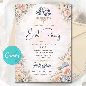 May include: An invitation card for an Eid party, featuring floral arrangements in soft pink and white. The card includes the text "Eid Mubarak" in Arabic calligraphy and English text with event details. The Canva logo is visible in the bottom left corner.