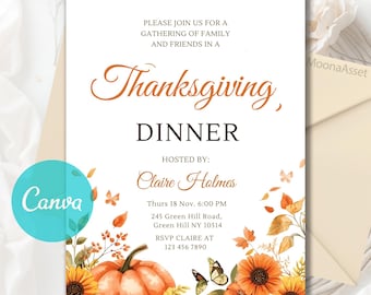 Thanksgiving Dinner Invitation, Printable Thanksgiving Invite, Pumpkin Friendsgiving Invite, Give Thanks Invitation, Editable Canva Template