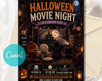 Halloween Movie Night Invitation, Creepy House Ghost Party, Backyard  Outdoor Movie Birthday, Ghost Party, Editable Canva Template
