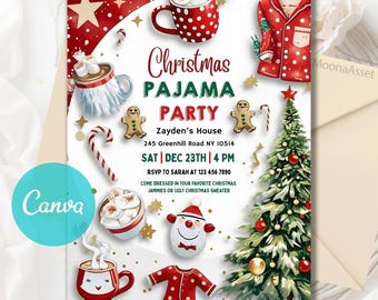 Editable Christmas Pajama Party Invitation, Christmas Party Invitation, Pajama Invitation, Holiday Party Invite, Xmas Party, Canva Template