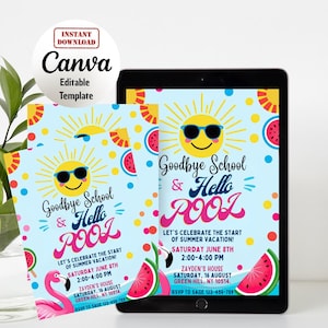 End of School Party Invitation, Goodbye School Hello Pool Invitation Template, Editable Summer Break Invite, Canva Editable Template