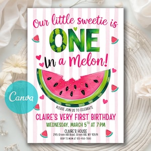 Puede incluir: Invitación con temática de sandía con rayas rosas y blancas. El texto dice "Our little sweetie is ONE in a Melon!" e invita a los invitados al primer cumpleaños de Claire. Incluye fecha, hora y dirección.