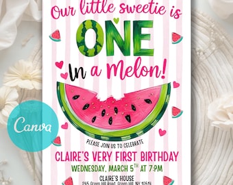 Editable Watermelon Birthday Invitation, Pink Summer Party Invite, One in a Melon 1st Birthday,  Printable Template, Editable Canva Template
