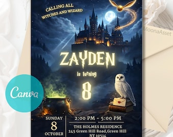 May include: A digitally illustrated invitation for a birthday party. The design features a castle, an owl, and a golden snitch. The invitation includes the text "Calling all Witches and Wizard" and the name "Zayden" with the number "8".